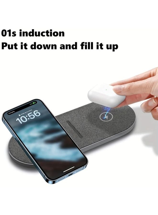 وسادة شحن لاسلكي مزدوجة رمادية 2 في 1 بسريعة الشحن لهاتف آيفون وسامسونج جالاكسي - Image 5