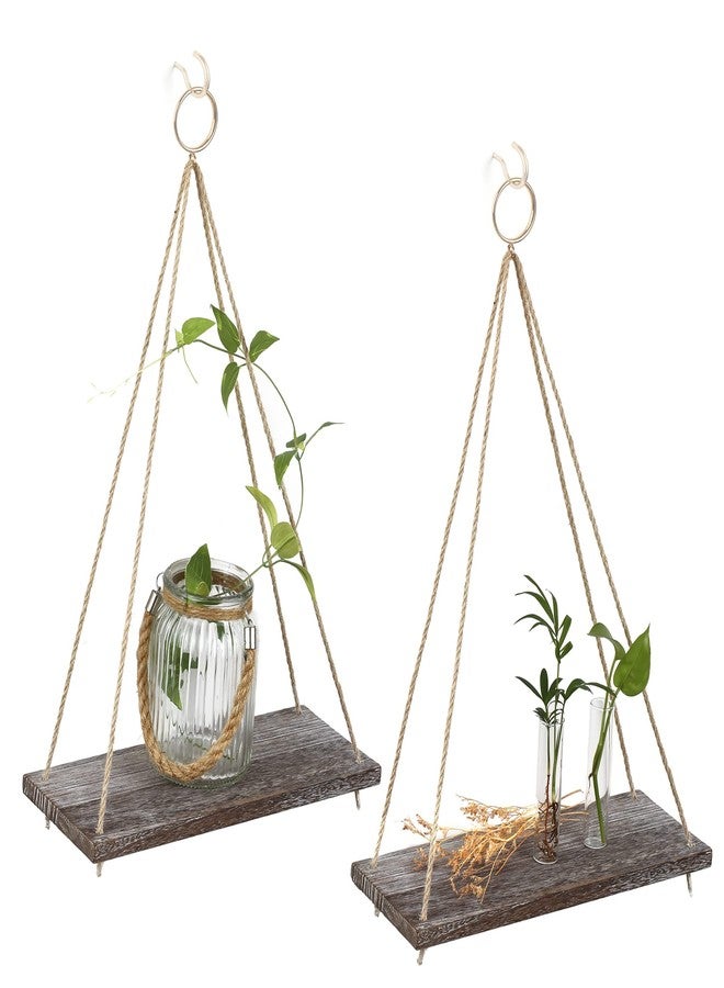 MITIME Hanging Wall Shelves, Set of 2 (Medium), Boho Style, Triangular, Wood Finish, Wall Mount, 2 Shelves, Living Room, Bedroom, Bathroom, Kitchen - Image 1