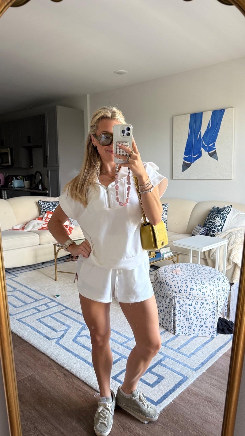KISSMODA Two Piece Sets for Women Sweatsuit Half Zip Casual Tracksuits Short Sleeve Pullover Tops and Shorts 2026 Lounge Outfits White Small - Image 2