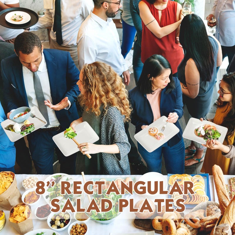 Irenare 20 Pcs 8 Inch Rectangular Salad Plates White Rectangular Porcelain Dessert Plates Appetizer Serving Tray Porcelain Platters for Fruit Sushi Dinner Parties, Microwave, Oven Safe - Image 4