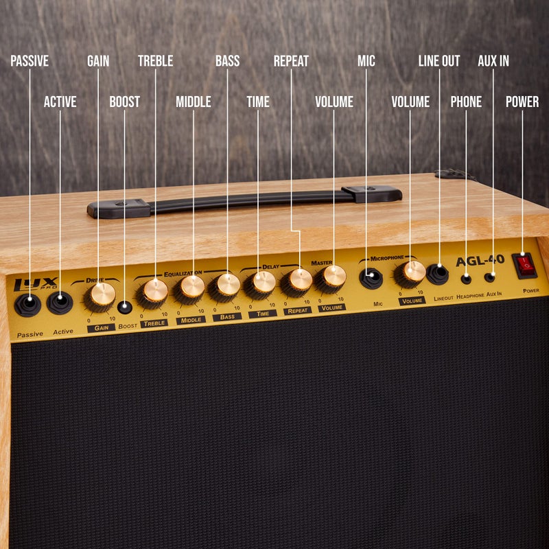 LyxPro 40 Watt Electric Guitar Amplifier | Solid State Studio Amp with 8â€ 4-Ohm Speaker, Custom EQ Controls, Drive, Delay, Â¼â€ Passive/Active/Microphone Inputs, Aux in & Headphone Jack - Natural - Image 2