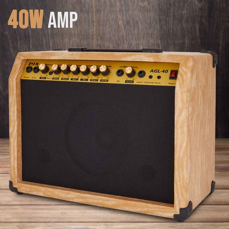 LyxPro 40 Watt Electric Guitar Amplifier | Solid State Studio Amp with 8â€ 4-Ohm Speaker, Custom EQ Controls, Drive, Delay, Â¼â€ Passive/Active/Microphone Inputs, Aux in & Headphone Jack - Natural - Image 3