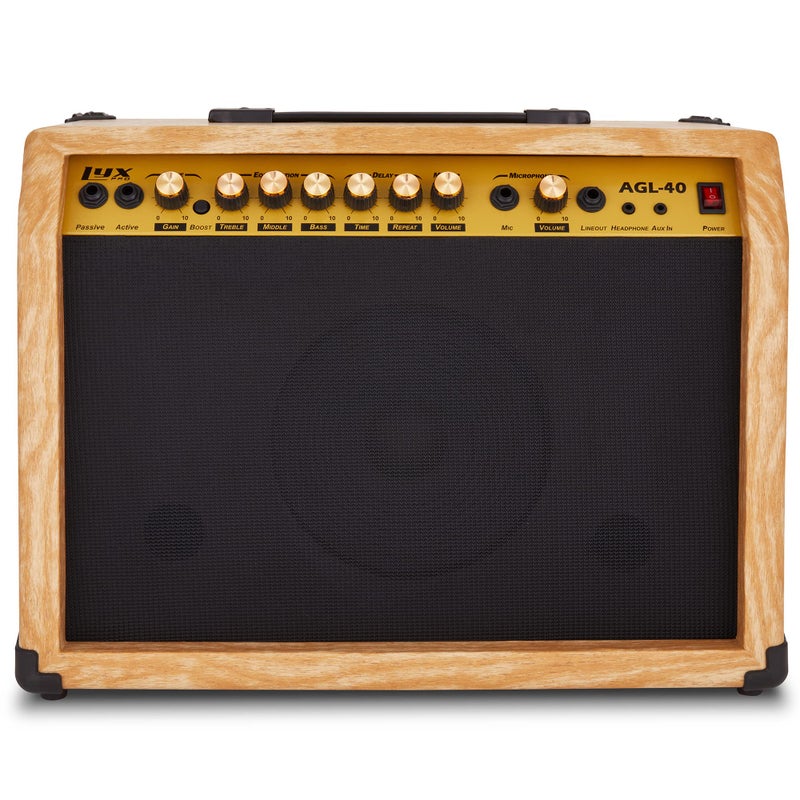 LyxPro 40 Watt Electric Guitar Amplifier | Solid State Studio Amp with 8â€ 4-Ohm Speaker, Custom EQ Controls, Drive, Delay, Â¼â€ Passive/Active/Microphone Inputs, Aux in & Headphone Jack - Natural - Image 1