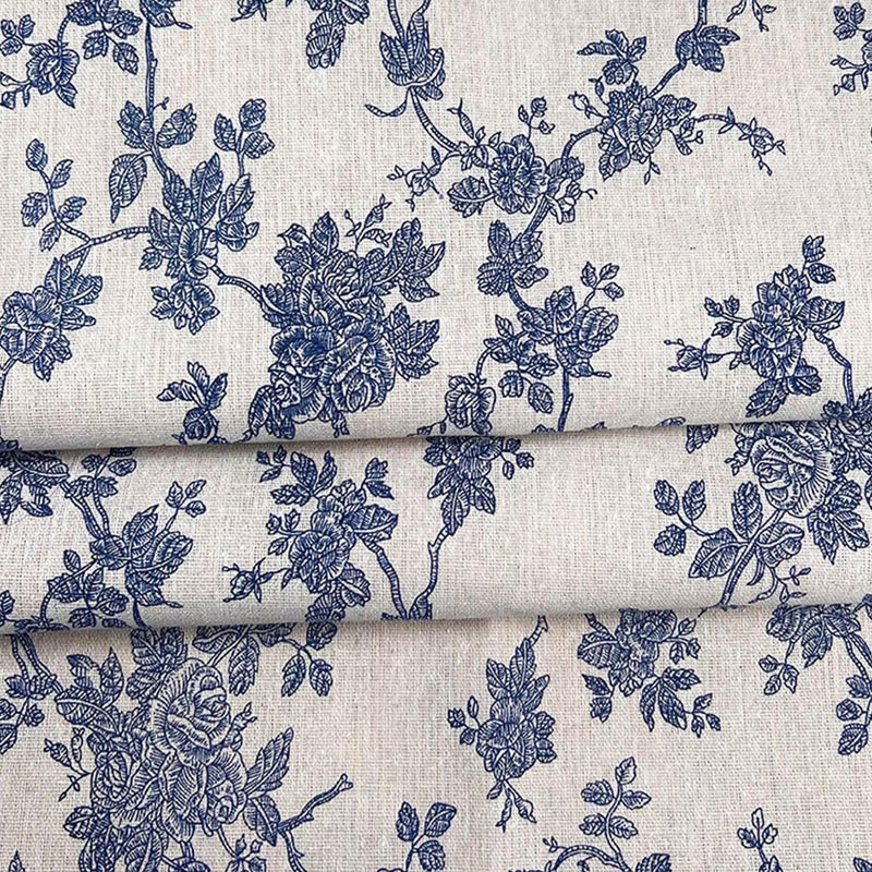 Linen Blue Floral Fabric by The Yard 62 Inch Width Vintage Flower Patterned Upholstery Fabric for Sewing Clothing Quilting DIY Arts Craft 2 Yard