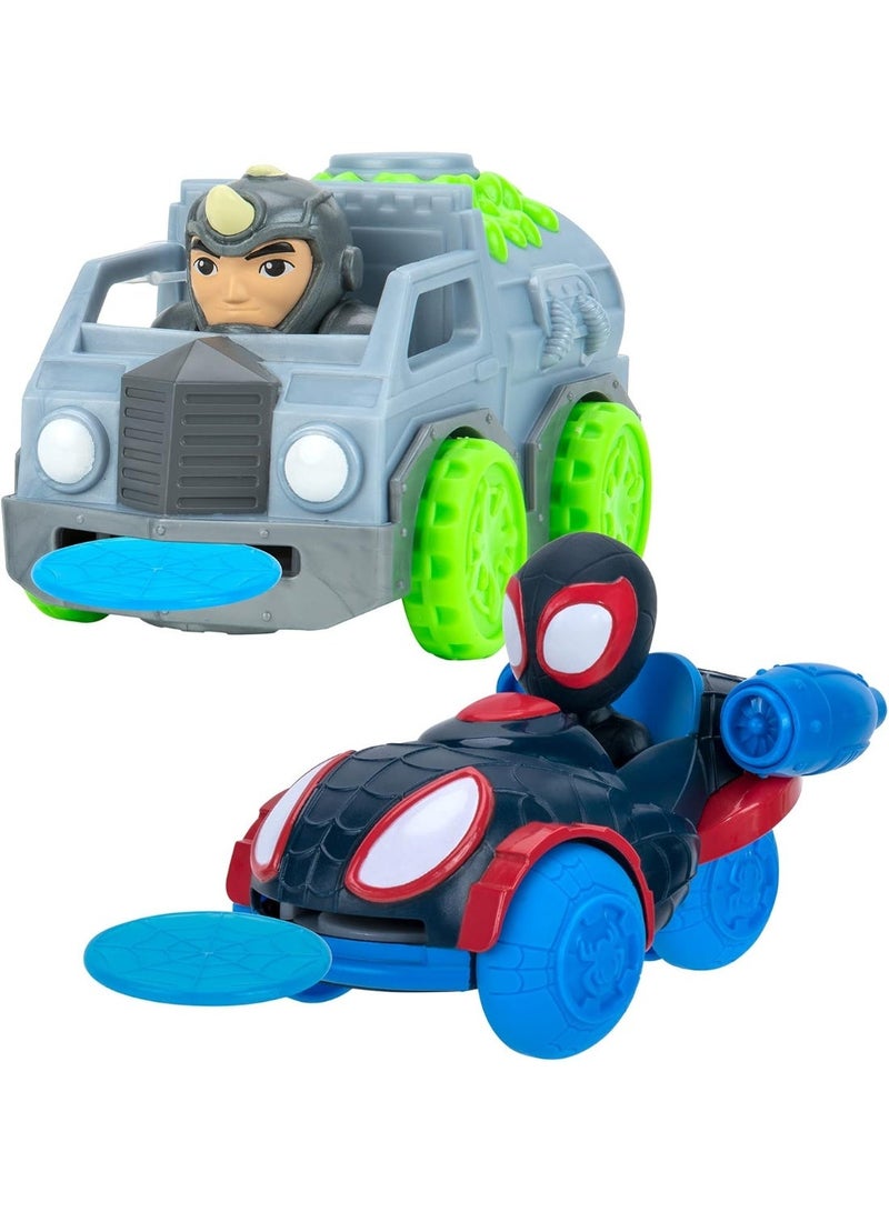 Jazwares Spidey and His Amazing Friends Disc Dashers Vehicle 2-Pack, Miles Morales vs Rhino 5-Inch Toy Cars - Image 3