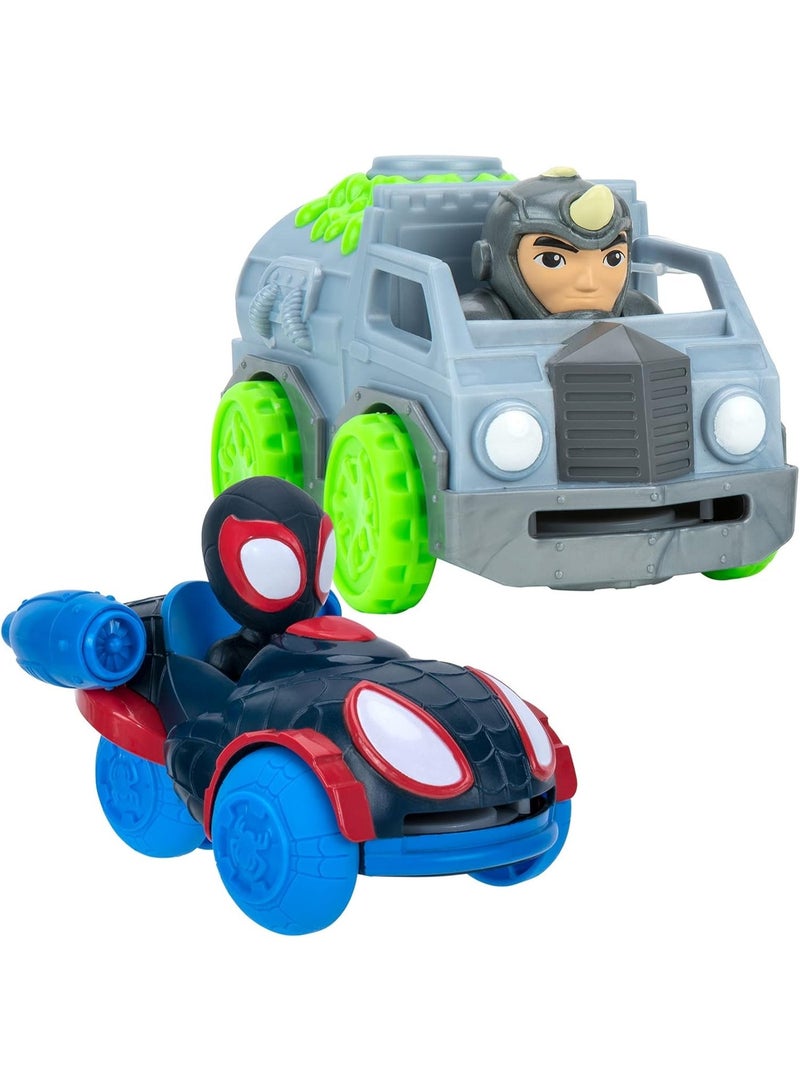 Jazwares Spidey and His Amazing Friends Disc Dashers Vehicle 2-Pack, Miles Morales vs Rhino 5-Inch Toy Cars - Image 1