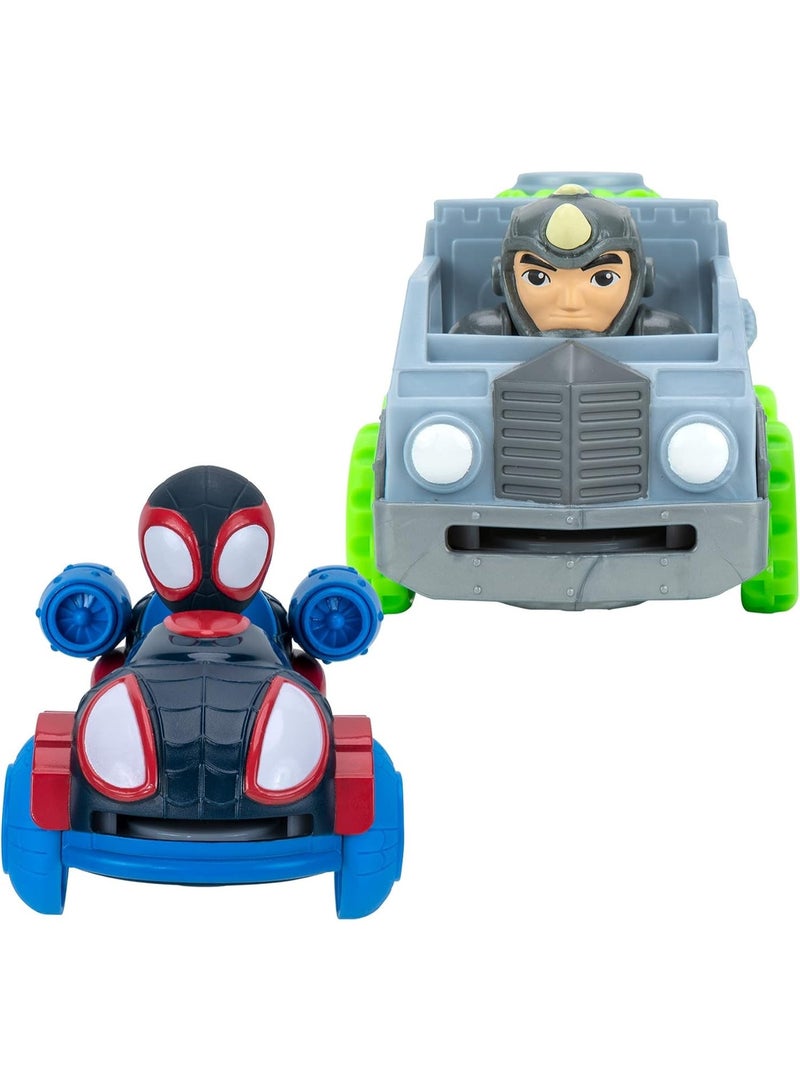 Jazwares Spidey and His Amazing Friends Disc Dashers Vehicle 2-Pack, Miles Morales vs Rhino 5-Inch Toy Cars - Image 2