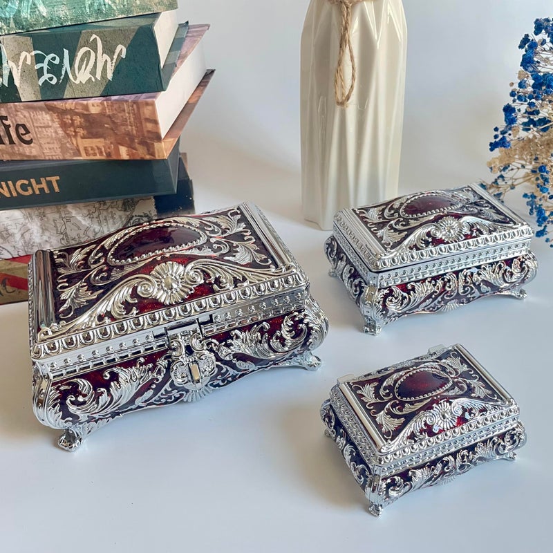 SIWOT Rectangular Classical Patterned Jewelry Box,Metal Retro European Scroll Design Treasure Storage Chest Case for Girls Women (Chrome Red, Small) - Image 5