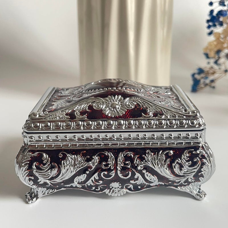 SIWOT Rectangular Classical Patterned Jewelry Box,Metal Retro European Scroll Design Treasure Storage Chest Case for Girls Women (Chrome Red, Small) - Image 2