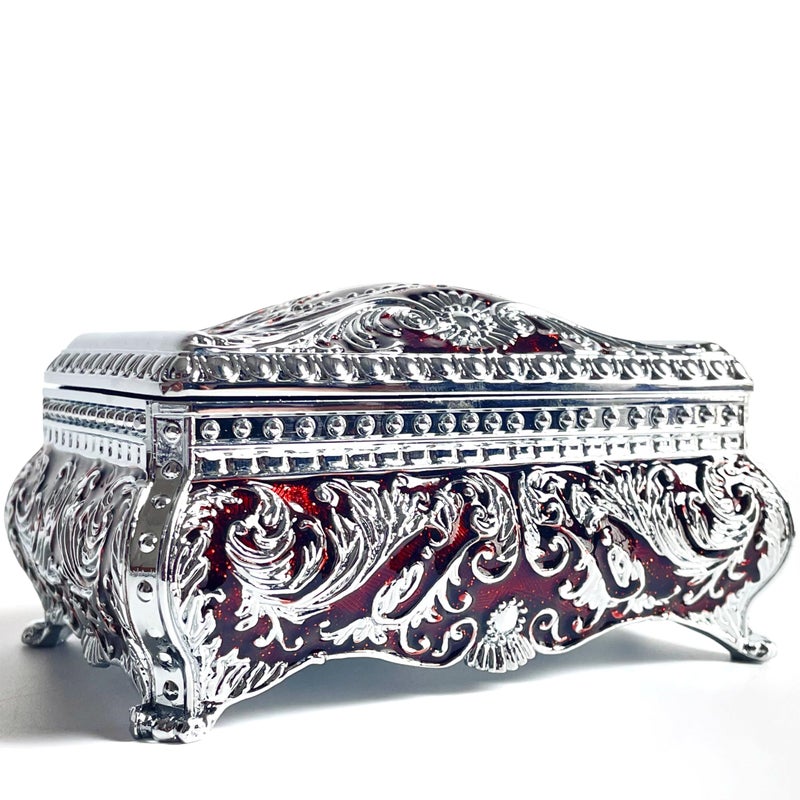 SIWOT Rectangular Classical Patterned Jewelry Box,Metal Retro European Scroll Design Treasure Storage Chest Case for Girls Women (Chrome Red, Small) - Image 1