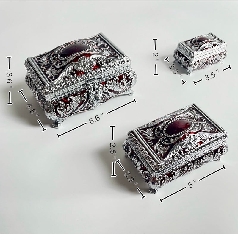 SIWOT Rectangular Classical Patterned Jewelry Box,Metal Retro European Scroll Design Treasure Storage Chest Case for Girls Women (Chrome Red, Small) - Image 3