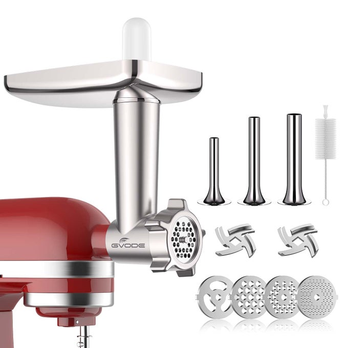METAL MEAT GRINDER ATTACHMENT FOR KITCHENAID STAND MIXERMEAT GRINDER KITCHENAID INCLUDES 4 GRINDING PLATES 3 SAUSAGE STUFFER TUBES 2 GRINDING BLADES MEAT GRINDER ATTACHMENT BY