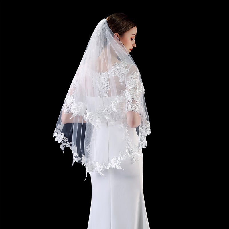Double Edging Ribbon Fashion Short paragraph Mantilla Wedding Marry Headdress Accessories Bridal Wedding Veil With Comb(Beige) - Image 3