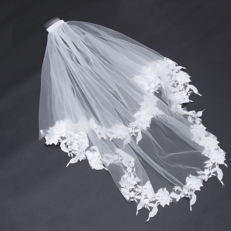 Double Edging Ribbon Fashion Short paragraph Mantilla Wedding Marry Headdress Accessories Bridal Wedding Veil With Comb(Beige) - Image 1