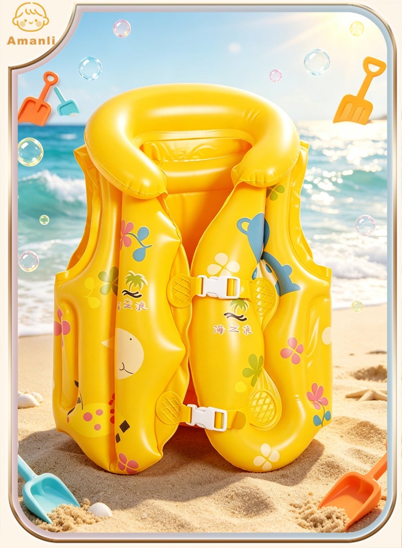 Amanli Children's Inflatable Swimming Vest, Cartoon Printed Safety Floating Water Jacket with Neck Support and Adjustable Buckle, Suitable for Toddlers 5-7 Years (Yellow) - Image 1