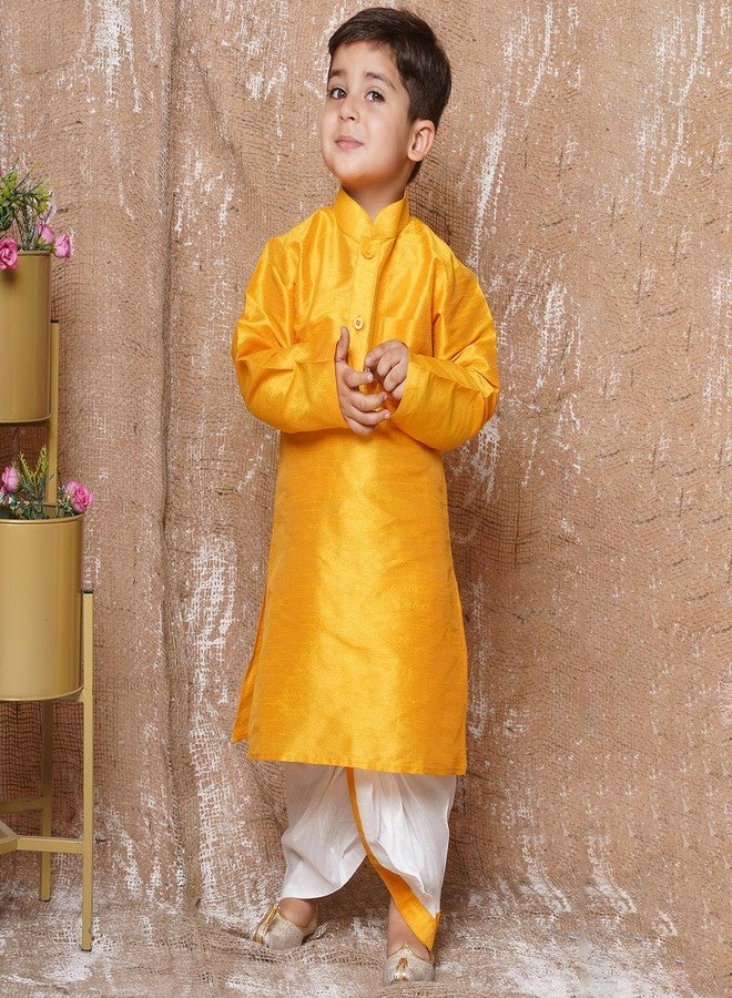 AJ DEZINES Kids Solid Silk Blend Dhoti Kurta Set For Boys (Yellow, 12-18 Months) - Image 2