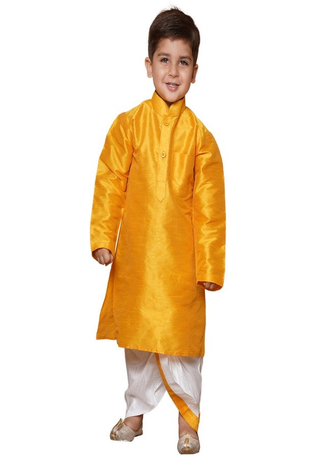 AJ DEZINES Kids Solid Silk Blend Dhoti Kurta Set For Boys (Yellow, 12-18 Months) - Image 1