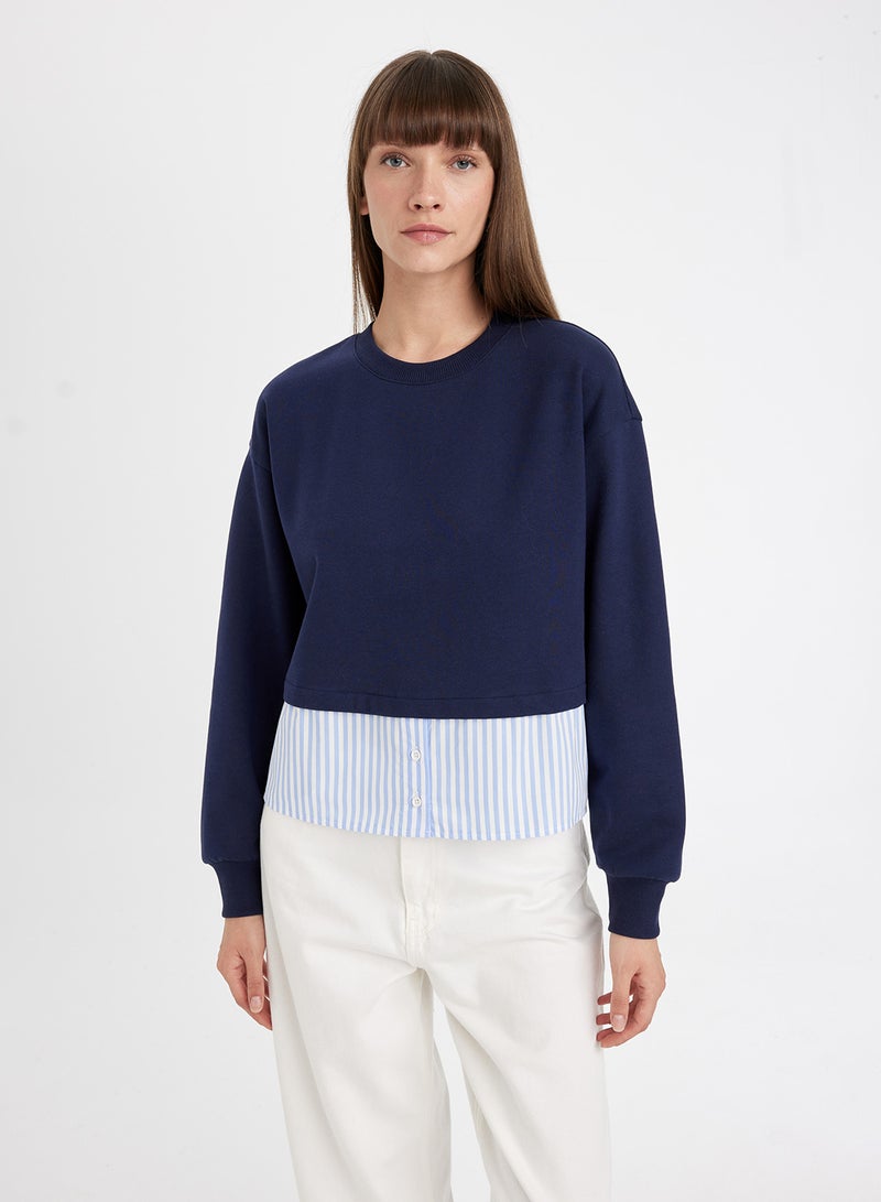 DeFacto Navy Relax Fit Crew Neck Hem Detailed Basic Sweatshirt - Image 1