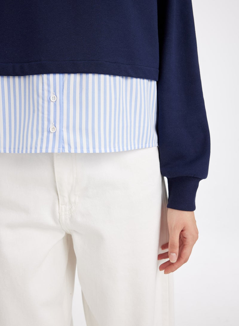DeFacto Navy Relax Fit Crew Neck Hem Detailed Basic Sweatshirt - Image 3