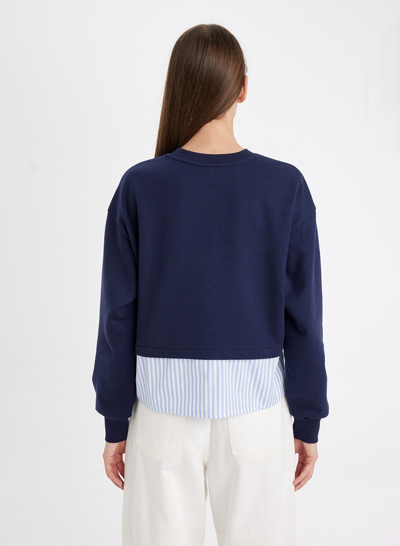 DeFacto Navy Relax Fit Crew Neck Hem Detailed Basic Sweatshirt - Image 2