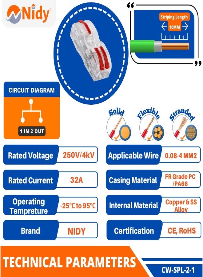 Nidy® 5Pcs Compact Lever Wire Nut Connector (1 in 2 Out), Splicing Wire Connector, Universal Quick Wiring Cable Connection Push-in Conductor Terminal Block CE & RoHS Certified, 28-12 AWG - Image 2