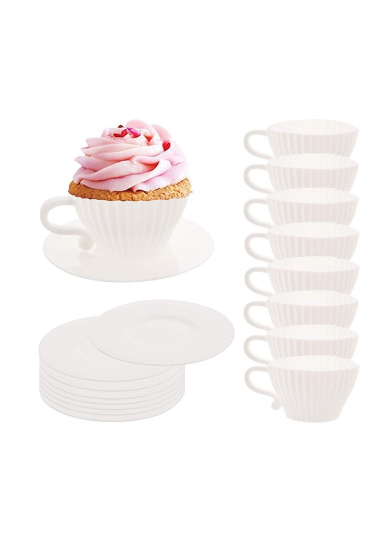 Reusable Silicone Muffin Cups for Baking with Matching Saucers Set of 8 White Cupcake Liners and Chocolate Mold Tea Cups