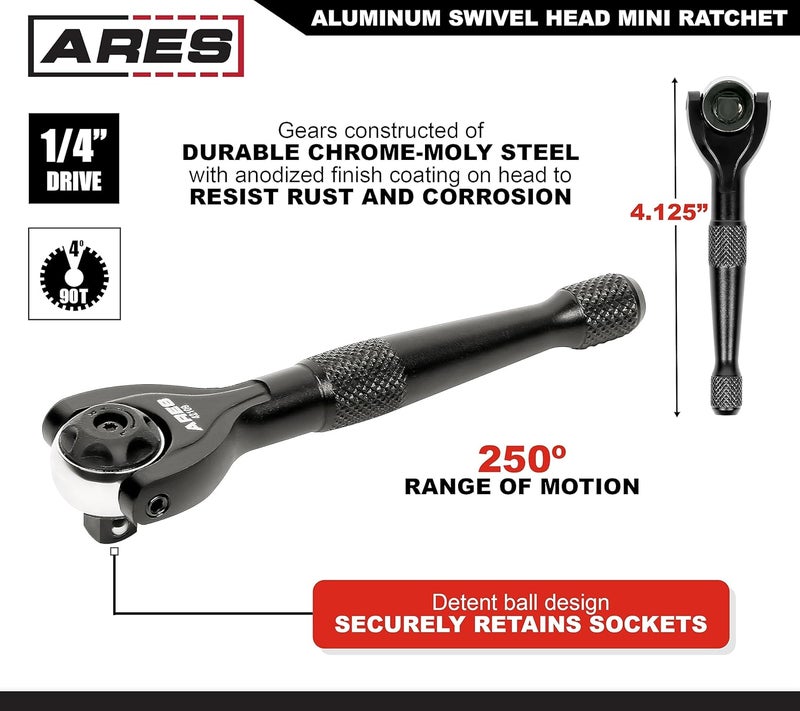 ARES 42109 – Black 1/4-Inch Drive 90-Tooth Mini Swivel Head Ratchet - 250 Degree Swivel with Detent Ball for Socket Retention – 4 Degree Sweep for Tight Spaces - Image 2