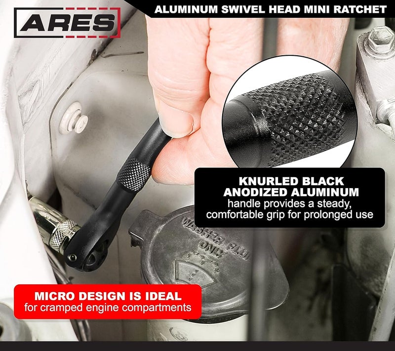 ARES 42109 – Black 1/4-Inch Drive 90-Tooth Mini Swivel Head Ratchet - 250 Degree Swivel with Detent Ball for Socket Retention – 4 Degree Sweep for Tight Spaces - Image 3