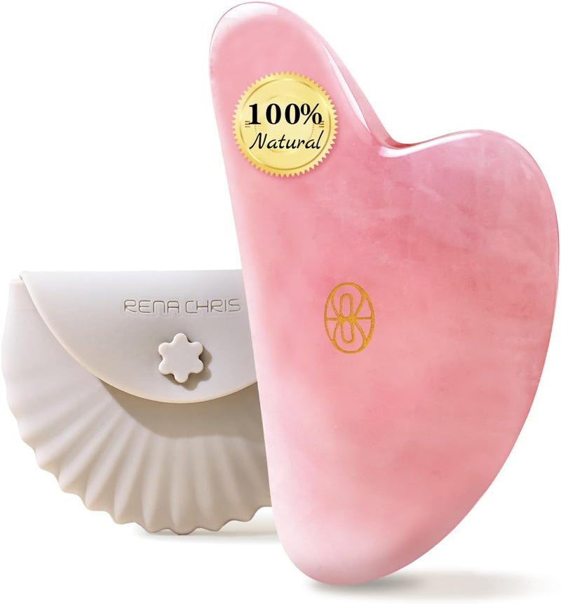 Rena Chris Gua Sha Facial Tools-Fuller, Ergonomic Rose Quartz Jade Gua Sha Stone for Face Massage,Jawline Sculpting and Puffiness Reducing, Skin Care Massager(Pink)