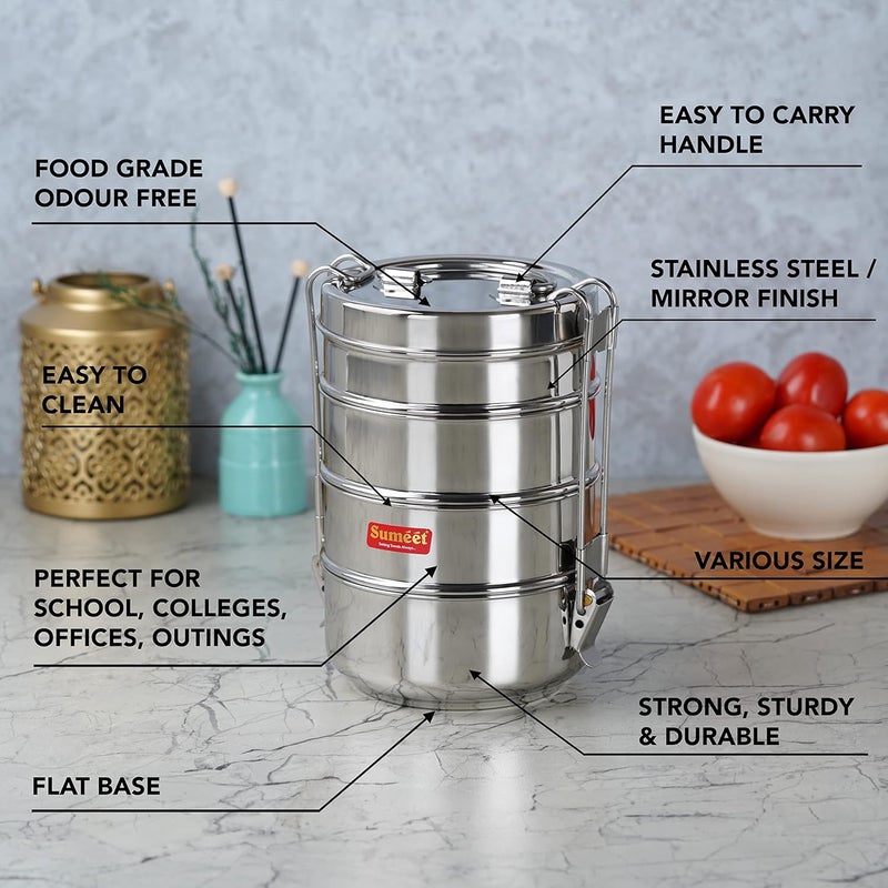 Sumeet Stainless Steel 4 Compartment Lunch BoxTiffin with Lid and Handle 13Cm Dia 2550ML Silver - Image 2