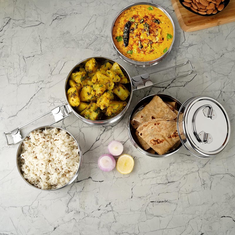 Sumeet Stainless Steel 4 Compartment Lunch BoxTiffin with Lid and Handle 13Cm Dia 2550ML Silver - Image 3