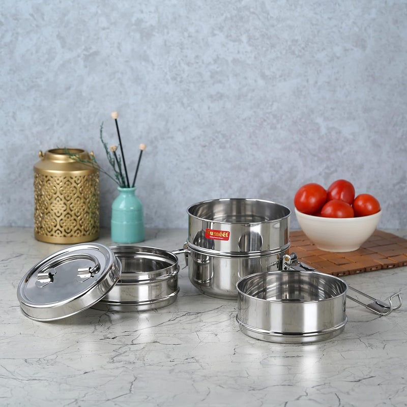 Sumeet Stainless Steel 4 Compartment Lunch BoxTiffin with Lid and Handle 13Cm Dia 2550ML Silver - Image 5