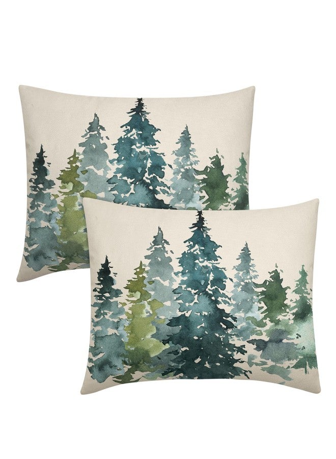 aportt Watercolor Blue Green Tree Lumbar Pillow Covers 12X20 in Set of 2 Nature Themed Christmas Rectangular Pillow Cases Rustic Forest Pillowcase Home Decor for Living Room Couch Patio Sofa Porch Outdoor - Image 1