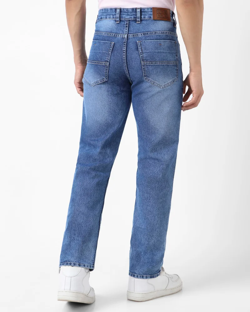 Urbano Fashion  Urbano Fashion Men's Blue Straight Fit Washed Jeans Stretchable  | Best Price UAE