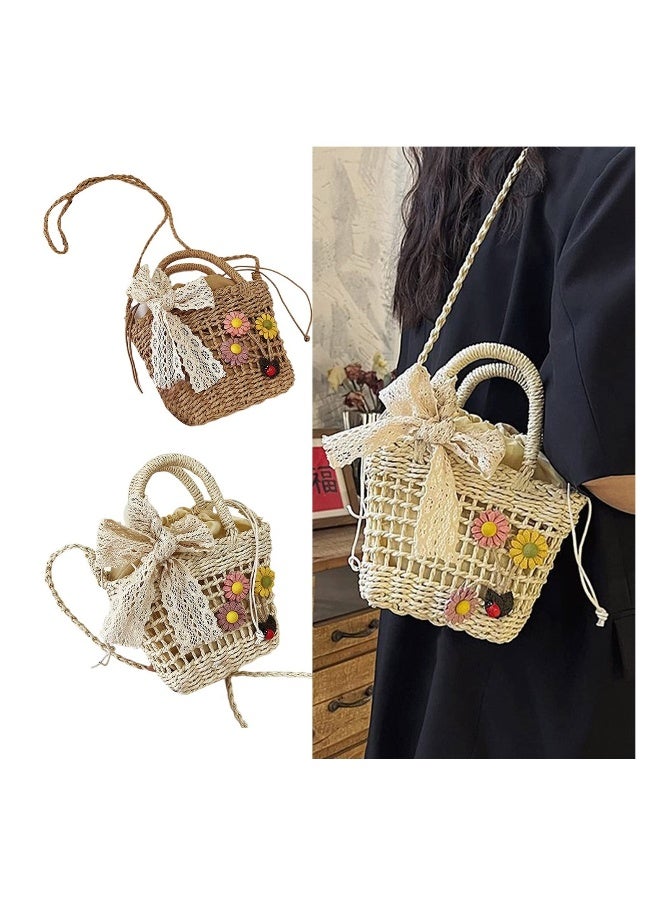 Women Straw Shoulder Bag Retro Crossbody Bag Female Messenger Bag Girl Hand-woven Bucket Bag Vintage Flower Beach-Bag women straw shoulder bag hand-woven bucket bag messenger bag beach-bag Beige - Image 2