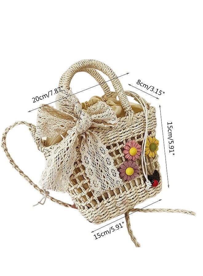 Women Straw Shoulder Bag Retro Crossbody Bag Female Messenger Bag Girl Hand-woven Bucket Bag Vintage Flower Beach-Bag women straw shoulder bag hand-woven bucket bag messenger bag beach-bag Beige - Image 3