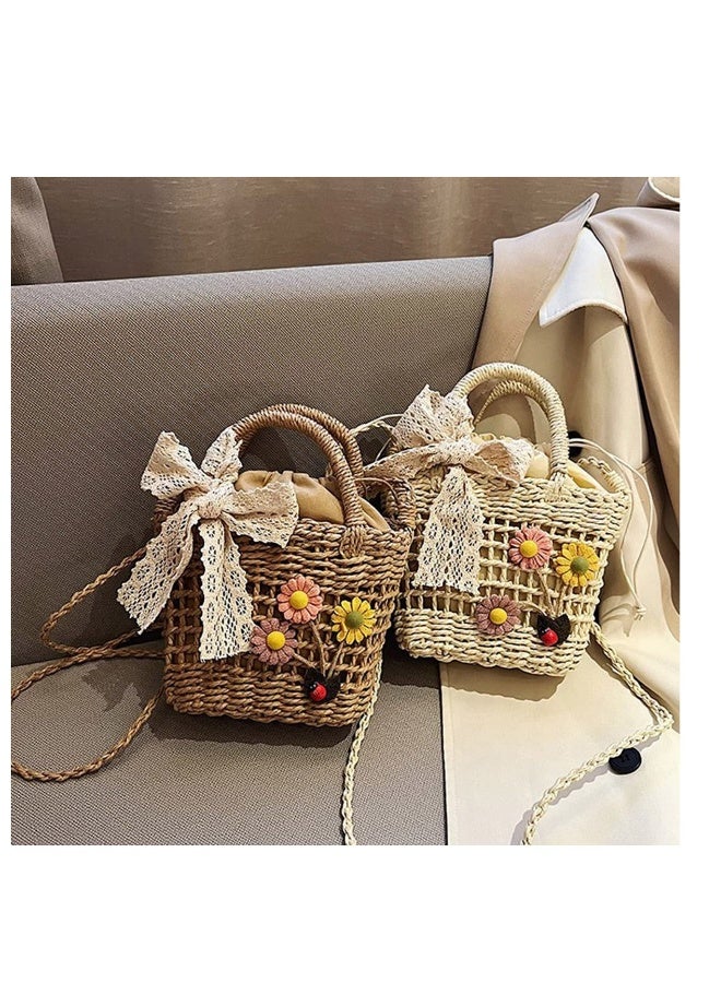 Women Straw Shoulder Bag Retro Crossbody Bag Female Messenger Bag Girl Hand-woven Bucket Bag Vintage Flower Beach-Bag women straw shoulder bag hand-woven bucket bag messenger bag beach-bag Beige - Image 5