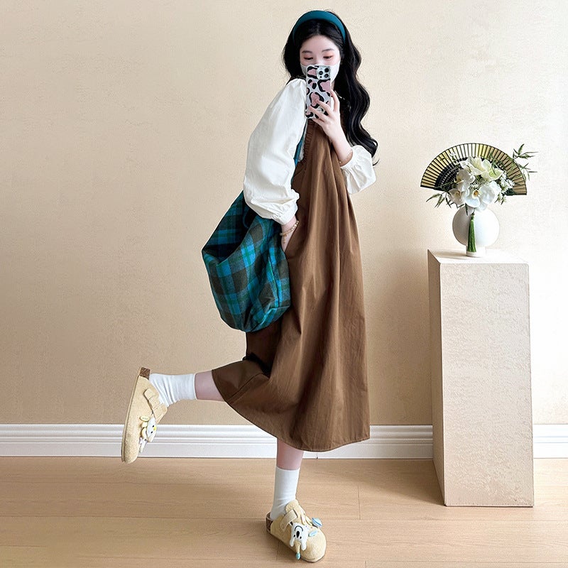 2024 Autumn Maternity Shirt and Skirt Set Khaki suit - Image 1