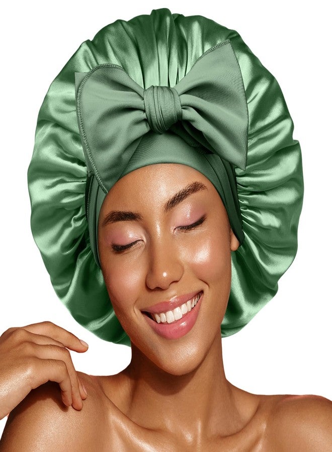 YANIBEST Silk Bonnet for Sleeping Women, Satin Hair Bonnet with Tie Band, Night Sleep Cap Wrap for All Hair Types Green - Image 1