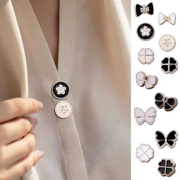 ZURATO ZURATO Brooch Pins for Women Cover Up Button Pins Instant Button Jeans Button Pins Women Shirt Safety Brooch Enamel Pins Pearl Brooch Buttons for DIY Clothing Dress Coat (12pcs Set Black & White) - Image 2