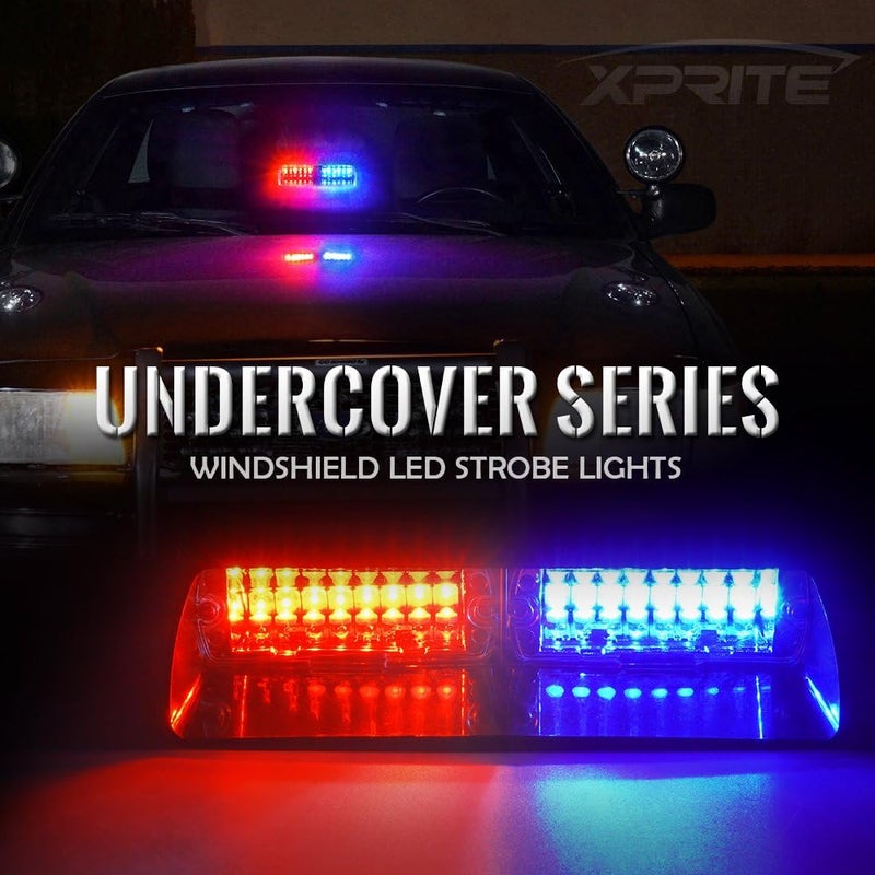 Xprite Red Blue LED Emergency Dash Strobe Light, Interior Windshield Safety Warning Police Lights w/Suction Cups, 12V Windshield Visor Light Bar for Police Law Enforcement Firefighter Vehicles Trucks - Image 2