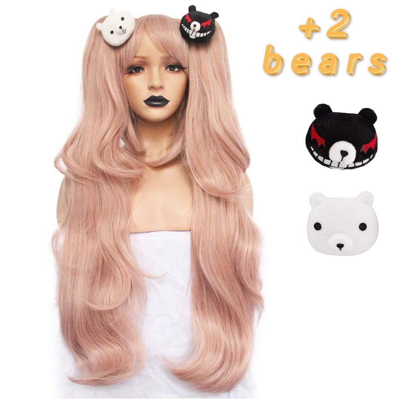 Anogol Hair Cap 2 Bears Light Pink Cosplay Wig Long Synthetic Wig For Girls Costume Party Halloween Christamas Wig With Hair Accessory
