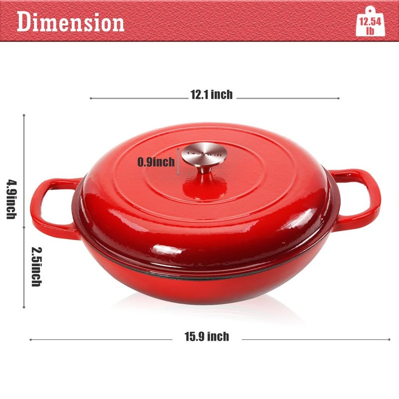 COOKWIN Cast Iron Casserole Braiser, 3.8 Quart Enameled Cast Iron Dutch Oven Pan with Lid, Heavy Duty and Dual Handles Skillet, Oven-Safe Porcelain Surface Casserole Dish, Red - Image 5
