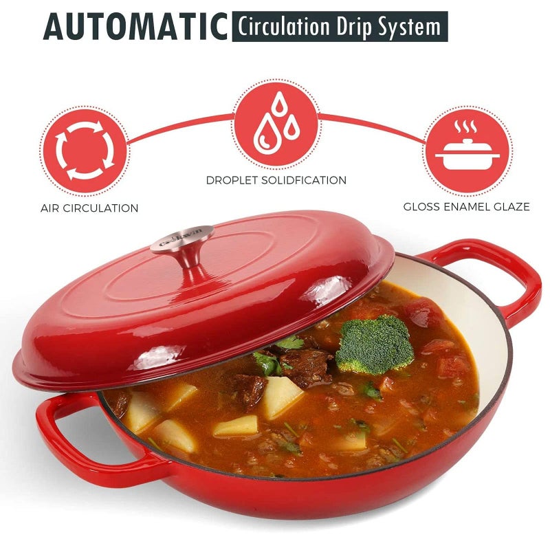 COOKWIN Cast Iron Casserole Braiser, 3.8 Quart Enameled Cast Iron Dutch Oven Pan with Lid, Heavy Duty and Dual Handles Skillet, Oven-Safe Porcelain Surface Casserole Dish, Red - Image 3