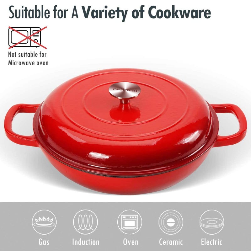 COOKWIN Cast Iron Casserole Braiser, 3.8 Quart Enameled Cast Iron Dutch Oven Pan with Lid, Heavy Duty and Dual Handles Skillet, Oven-Safe Porcelain Surface Casserole Dish, Red - Image 4