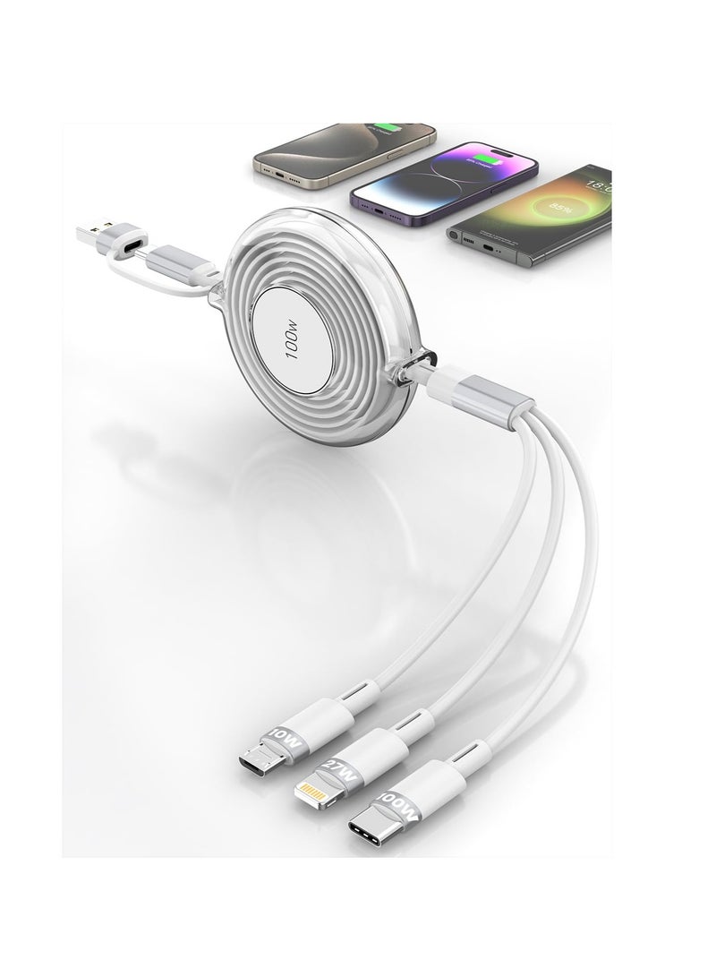 5-in-1 Retractable Multi Charging Cable, 100W USB C Fast Charger for iPhone, iPad, Samsung Galaxy, LG, and Tablets, White - Image 1