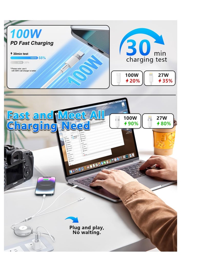 5-in-1 Retractable Multi Charging Cable, 100W USB C Fast Charger for iPhone, iPad, Samsung Galaxy, LG, and Tablets, White - Image 2