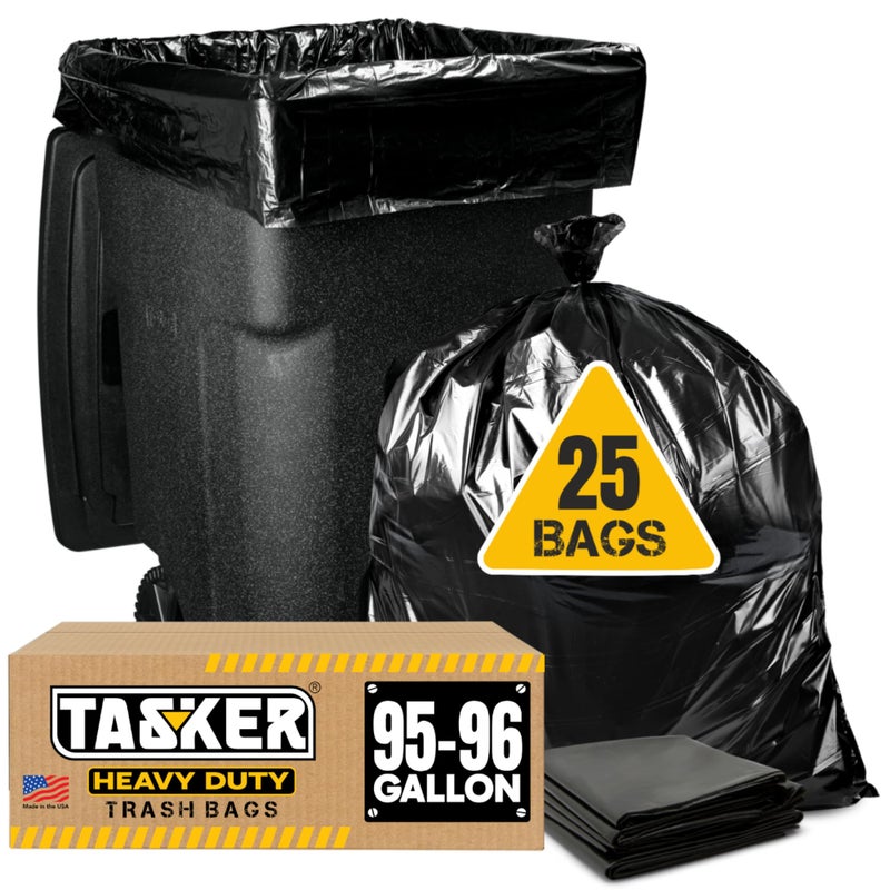 tasker 95-96 Gallon Trash Bags Heavy Duty (25 Bags w/Ties Value pack) Extra Large Trash Bags, 90 Gallon, 95 Gallon, 96 Gallon, 100 Gallon - Image 1