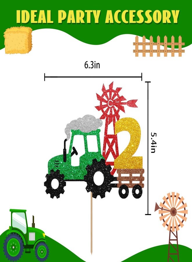 SUPERLUBY Tractor 2nd Birthday Cake Topper, Tractor Two Cake Topper for Boy, Farm Truck 2 Years Old Birthday Cake Decor, Farm Barnyard Themed 2nd Anniversary Party Decoration - Green Glitter - Image 2