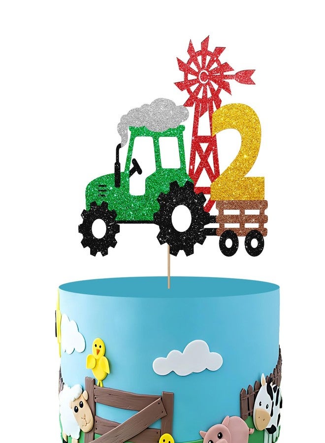 SUPERLUBY Tractor 2nd Birthday Cake Topper, Tractor Two Cake Topper for Boy, Farm Truck 2 Years Old Birthday Cake Decor, Farm Barnyard Themed 2nd Anniversary Party Decoration - Green Glitter - Image 1